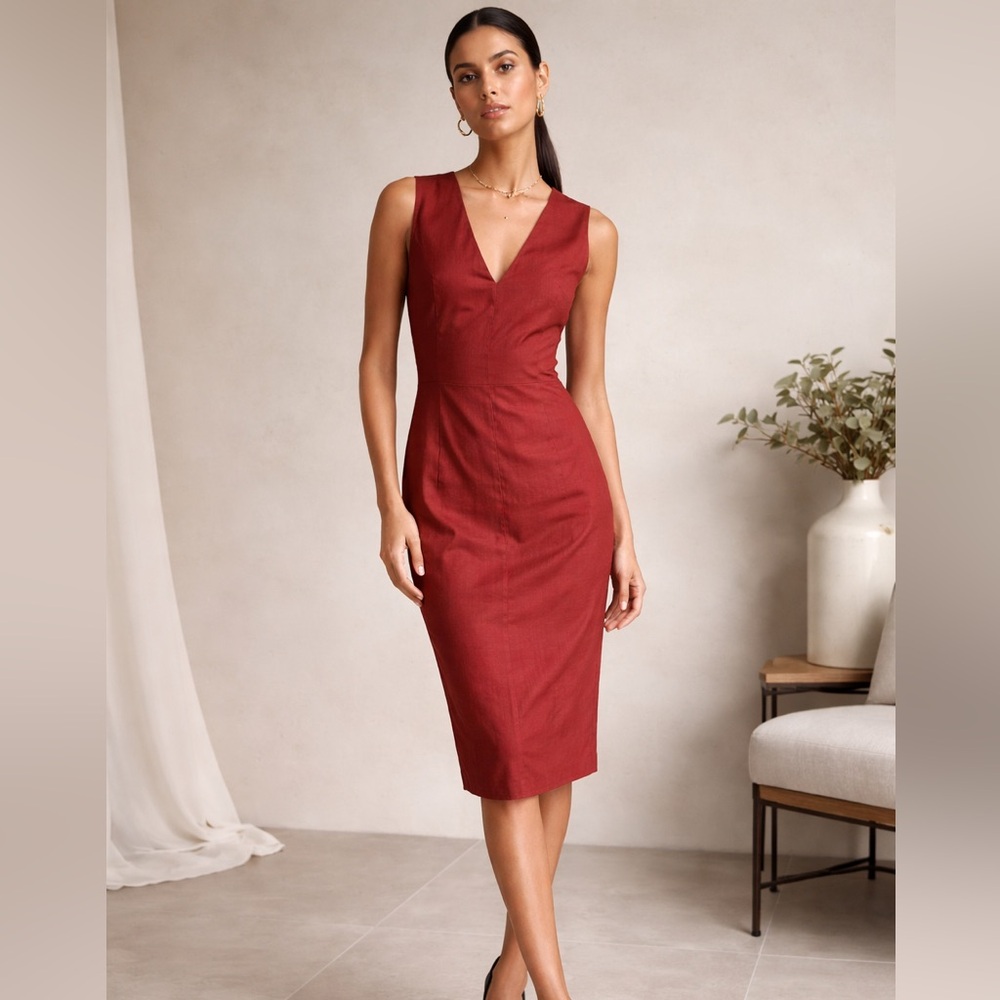 Sarah Pacini Linen  V-Neck Midi Dress